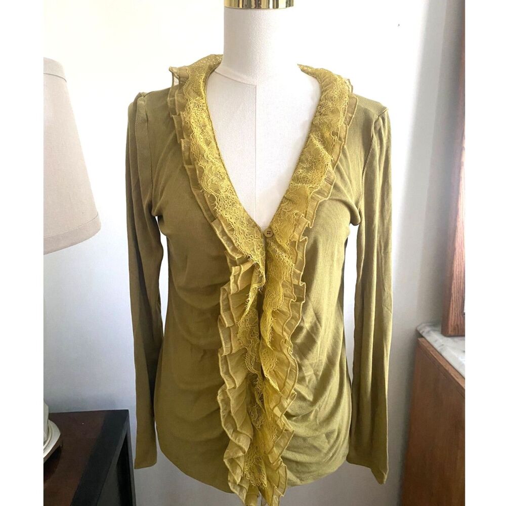 Mustard Yellow Ribbed Knit Ruffle Lace Cardigan Top V-Neck Whimsigoth Romantic S